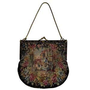 Vintage 50s Tapestry Handbag Gold Snake Chain Kiss Lock Floral Scene